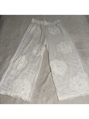 FARM Rio Womens Large White Floral Embroidered Wide Leg Crop Pants Drawstring